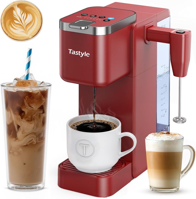 Tastyle Single Serve Coffee Maker with Built-in Detachable Milk Frother, Iced and Hot Coffee Machine for K Cup & Grounds, 40oz Removable Water Reservoir, 6 Cup Sizes, Fits 7.3" Travel Mug, Red - Image 1